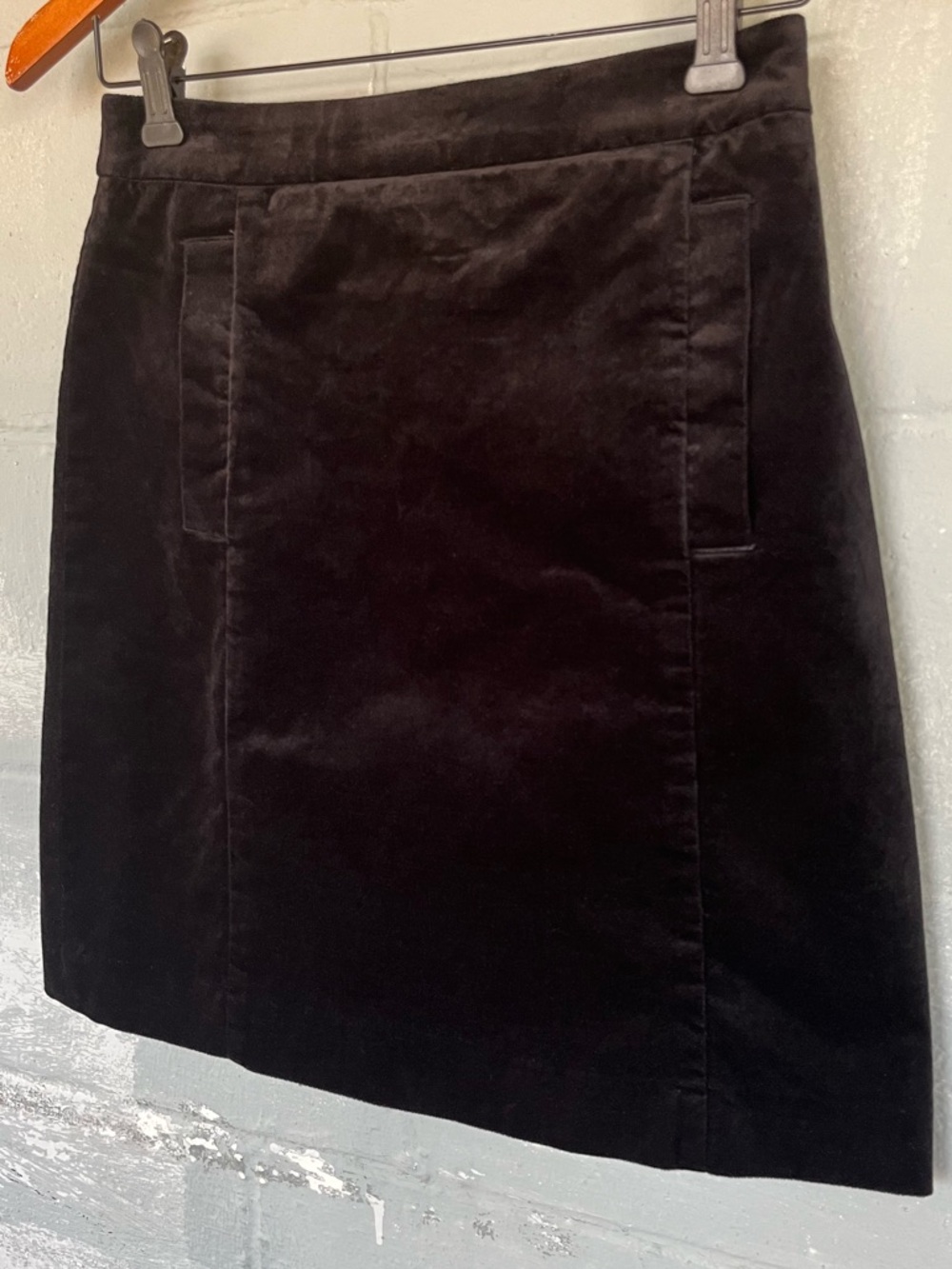 Ann Taylor Velvet Mini Skirt 00P Black Lined Back Zip Front Pockets Petite Party